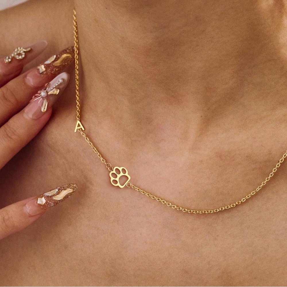 Gold Paw Pendant Initial Letter “A” Necklace Dog lover